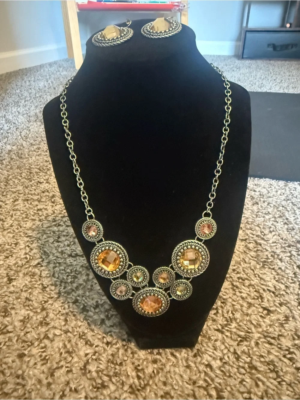 Gold-Tone Amber Crystal Statement Necklace and Earrings Set 11